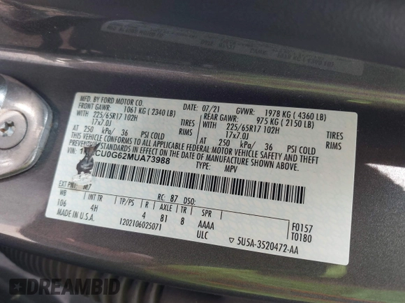 2021 Ford Escape SE с VIN 1FMCU0G62MUA73988, выставлен на аукционе IAAI как лот 42468269 с пробегом 75 827 миль миль и . История ставок и продаж доступна на DreamBid. Изображение 9.