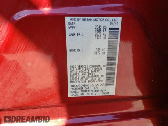 2021 Nissan LEAF SV with VIN 1N4AZ1CV6MC556928, listed as a Copart auction lot 50167985 with 39,076 mi miles and Salvage title. Bid and sale history available at DreamBid. Image 12.