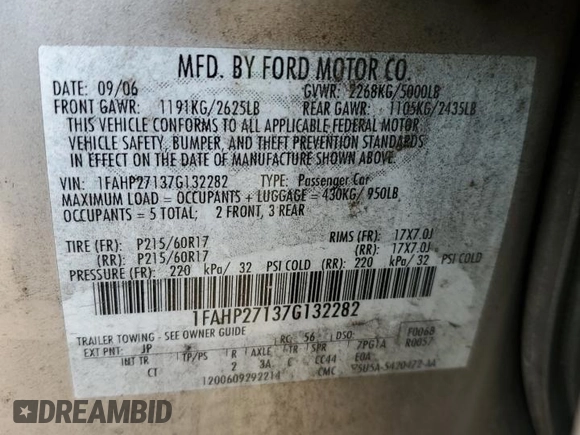 2007 Ford Five Hundred SEL z VIN 1FAHP27137G132282, wystawiony jako Copart lot #44734795 z przebiegiem 248 929 mil mil oraz Szkody całkowita. Historia ofert i sprzedaży dostępna na DreamBid. Obrazek 12.