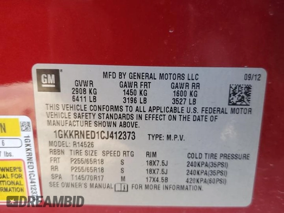 2012 GMC Acadia SL with VIN 1GKKRNED1CJ412373, listed as a Copart auction lot 41988255 with 148,608 mi miles and Salvage Title. Bid and sale history available at carsss.com. Image 13.