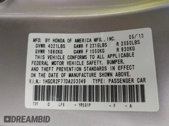 2013 Honda Accord EX with VIN 1HGCR2F77DA203049, listed as a IAAI auction lot 41905433 with 61,847 mi miles and . Bid and sale history available at DreamBid. Image 9.