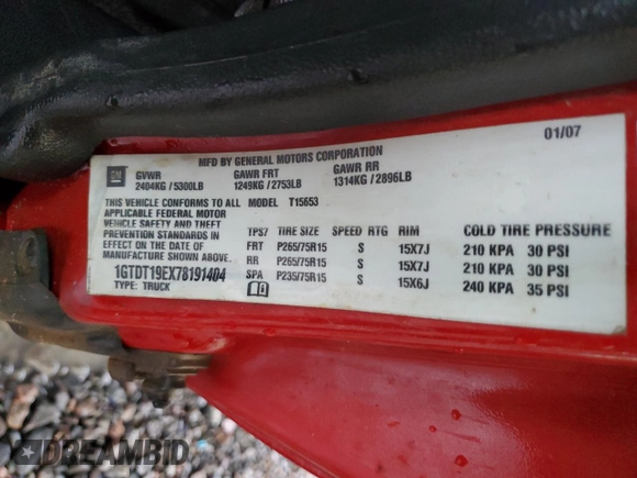 2007 GMC Canyon Work Truck with VIN 1GTDT19EX78191404, listed as a Copart auction lot 73006194 with 266,457 mi miles and Salvage Title. Bid and sale history available at carsss.com. Image 12.