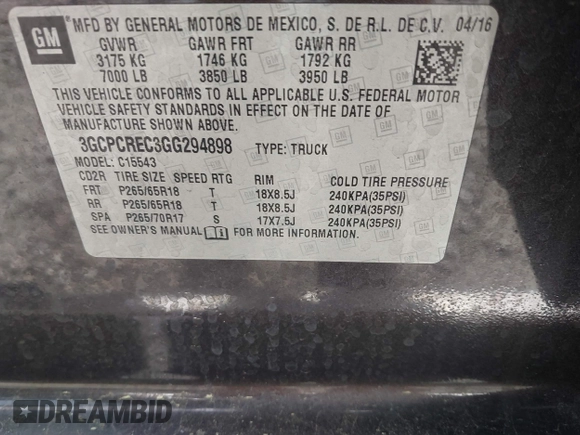 2016 Chevrolet Silverado 1500 LT with VIN 3GCPCREC3GG294898, listed as a IAAI auction lot 41892084 with 122,275 mi miles and . Bid and sale history available at DreamBid. Image 9.