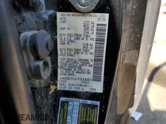 2020 Nissan Frontier SV z VIN 1N6ED0CF5LN703883, wystawiony jako Copart lot #56418915 z przebiegiem 150 844 mil mil oraz Szkoda całkowita • Salvage title. Historia ofert i sprzedaży dostępna na DreamBid. Obrazek 12.