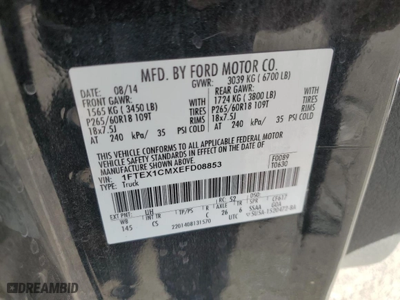2014 Ford F-150 XL with VIN 1FTEX1CMXEFD08853, listed as a Copart auction lot 49255355 with 175,355 mi miles and Salvage Title. Bid and sale history available at carsss.com. Image 14.