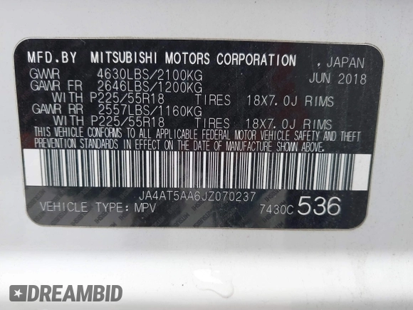 2018 Mitsubishi Eclipse Cross SE with VIN JA4AT5AA6JZ070237, listed as a IAAI auction lot 41922238 with 82,571 mi miles and . Bid and sale history available at DreamBid. Image 9.