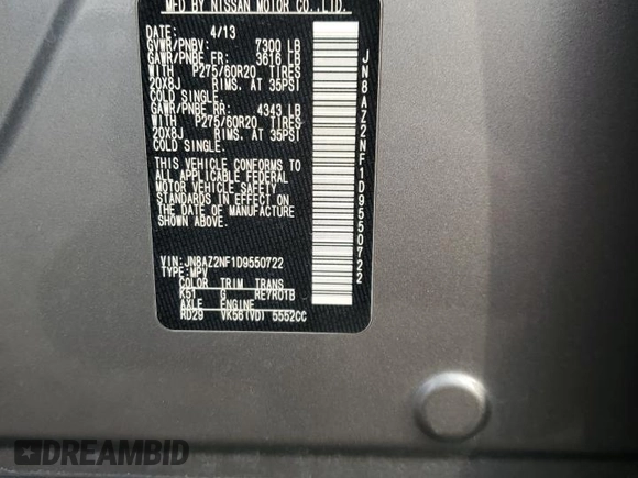 2013 Infiniti QX56 with VIN JN8AZ2NF1D9550722, listed as a Copart auction lot 42160175 with 243,578 mi miles and Salvage title. Bid and sale history available at DreamBid. Image 13.