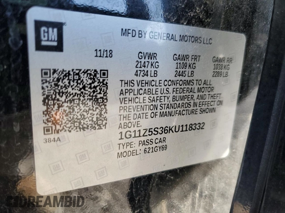 2019 Chevrolet Impala LT with VIN 1G11Z5S36KU118332, listed as a Copart auction lot 51858745 with 79,477 mi miles and Salvage Title. Bid and sale history available at DreamBid. Image 14.