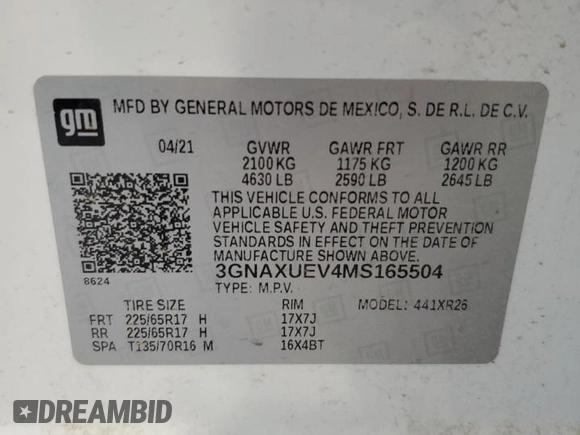 2021 Chevrolet Equinox LT with VIN 3GNAXUEV4MS165504, listed as a Copart auction lot 53049245 with 75,706 mi miles and Salvage Title. Bid and sale history available at DreamBid. Image 15.