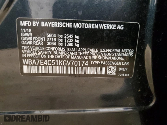 2019 BMW 7 Series 740i xDrive with VIN WBA7E4C51KGV70174, listed as a Copart auction lot 54117075 with 48,743 mi miles and Salvage Title. Bid and sale history available at carsss.com. Image 12.