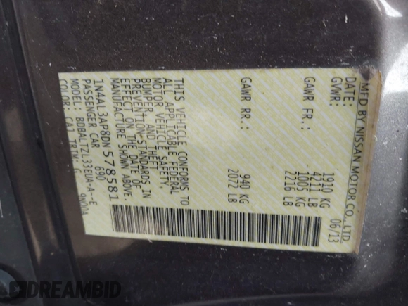 2013 Nissan Altima SV with VIN 1N4AL3AP8DN578581, listed as a IAAI auction lot 42705302 with 107,769 mi miles and . Bid and sale history available at DreamBid. Image 9.