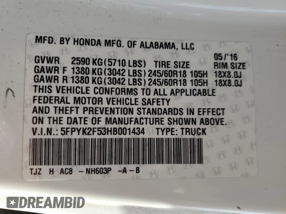 2017 Honda Ridgeline RTL with VIN 5FPYK2F53HB001434, listed as a Copart auction lot 58414335 with 187,711 mi miles and Salvage title. Bid and sale history available at DreamBid. Image 12.