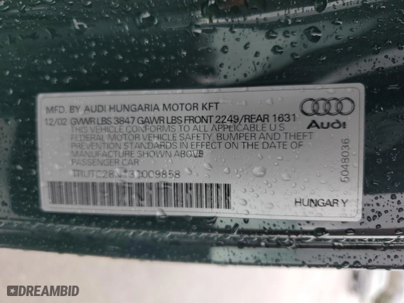 2003 Audi TT with VIN TRUTC28N131009858, listed as a Copart auction lot 49041755 with 50,148 mi miles and Salvage Title. Bid and sale history available at carsss.com. Image 12.