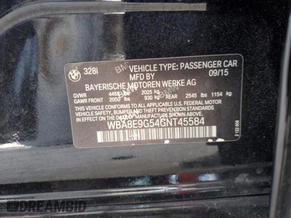 2016 BMW 3 Series 328i with VIN WBA8E9G54GNT45584, listed as a Copart auction lot 53896025 with 105,600 mi miles and Salvage Title. Bid and sale history available at carsss.com. Image 12.