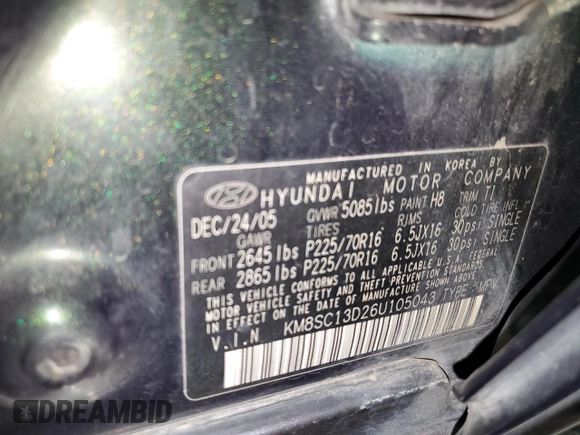 2006 Hyundai Santa Fe GLS with VIN KM8SC13D26U105043, listed as a Copart auction lot 75368984 with 197,229 mi miles and Non Repairable. Bid and sale history available at carsss.com. Image 12.