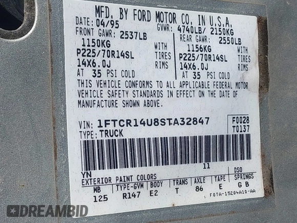 1995 Ford Ranger Splash with VIN 1FTCR14U8STA32847, listed as a IAAI auction lot 42109803 with 155,878 mi miles. Bid and sale history available at carsss.com. Image 9.