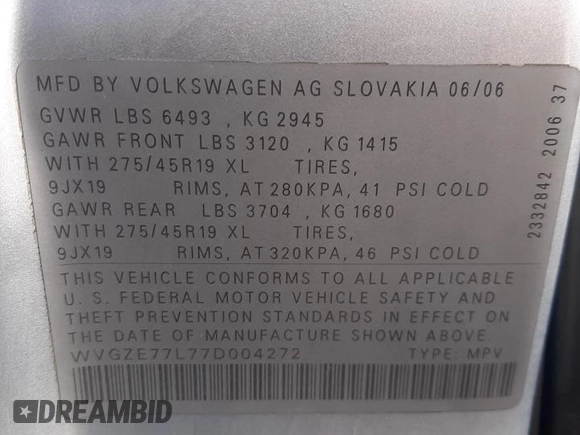 2007 Volkswagen Touareg V6 with VIN WVGZE77L77D004272, listed as a Copart auction lot 83291304 with 151,302 mi miles and Non Repairable. Bid and sale history available at DreamBid. Image 12.