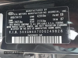 2013 Kia Optima LX with VIN 5XXGM4A70DG249828, listed as a IAAI auction lot 42074167 with 143,986 mi miles. Bid and sale history available at carsss.com. Image 9.