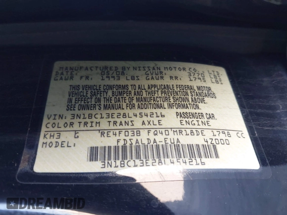 2008 Nissan Versa S z VIN 3N1BC13E28L454216, wystawiony jako IAAI lot #41992366 z przebiegiem 195 288 mil mil oraz . Historia ofert i sprzedaży dostępna na DreamBid. Obrazek 9.