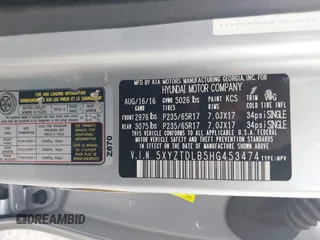 2017 Hyundai Santa Fe 2.4L with VIN 5XYZTDLB5HG453474, listed as a IAAI auction lot 42191590 with 167,590 mi miles and . Bid and sale history available at DreamBid. Image 9.