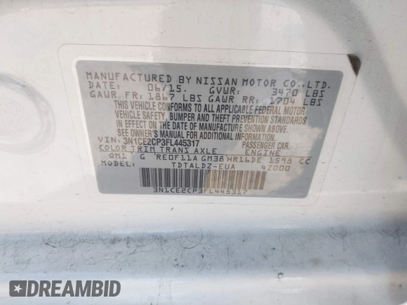 2015 Nissan Note S Plus with VIN 3N1CE2CP3FL445317, listed as a IAAI auction lot 42060112 with 79,030 mi miles and . Bid and sale history available at DreamBid. Image 9.