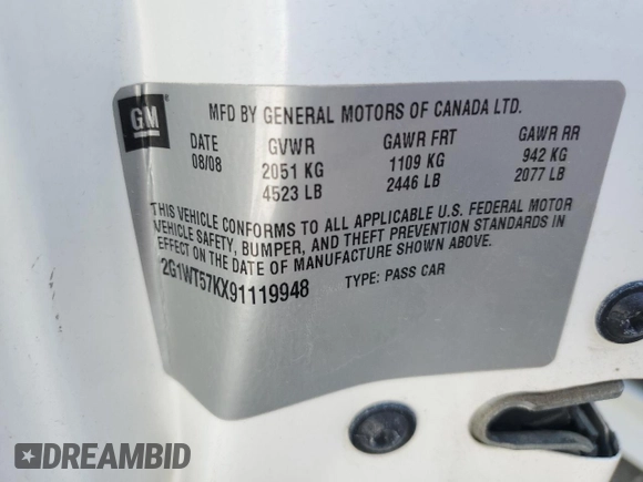 2009 Chevrolet Impala LT with VIN 2G1WT57KX91119948, listed as a Copart auction lot 49243045 with 110,862 mi miles and Salvage Title. Bid and sale history available at DreamBid. Image 12.