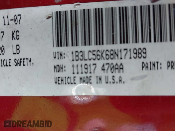 2008 Dodge Avenger SXT with VIN 1B3LC56K68N171989, listed as a IAAI auction lot 42111955 with 172,663 mi miles. Bid and sale history available at carsss.com. Image 9.