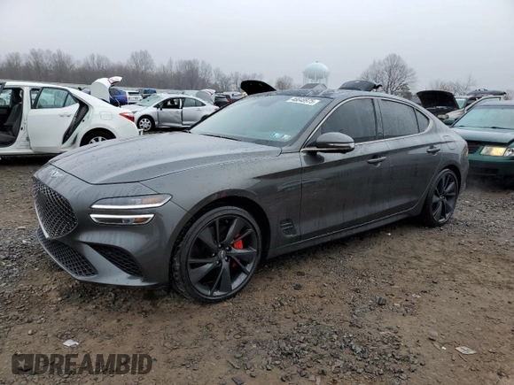 2023 Genesis G70 3.3T with VIN KMTG54TE2PU113421, listed as a Copart auction lot 46648975 with 17,375 mi miles and Salvage title. Bid and sale history available at DreamBid. Image 1.