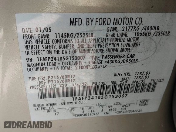 2005 Ford Five Hundred SEL с VIN 1FAFP24185G153007, выставлен на аукционе IAAI как лот 42141540 с пробегом 141 559 миль миль и . История ставок и продаж доступна на DreamBid. Изображение 9.