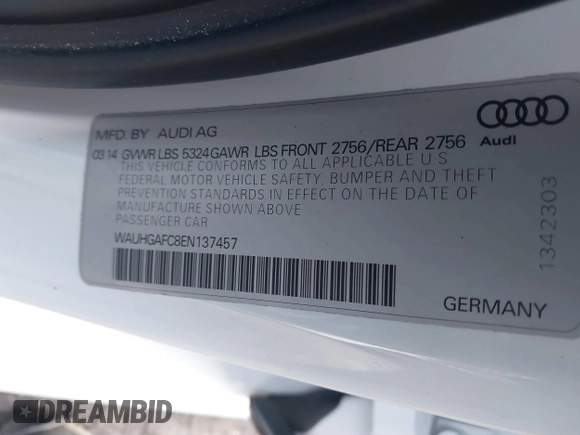 2014 Audi A6 Prestige with VIN WAUHGAFC8EN137457, listed as a IAAI auction lot 41854825 with 37,111 mi miles and . Bid and sale history available at DreamBid. Image 9.
