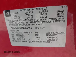 2013 Chevrolet Equinox LT z VIN 1GNALDEKXDZ103464, wystawiony jako IAAI lot #42066698 z przebiegiem 155 224 mil mil oraz . Historia ofert i sprzedaży dostępna na DreamBid. Obrazek 9.