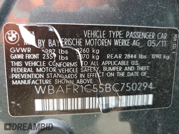 2011 BMW 5 Series 528i with VIN WBAFR1C55BC750294, listed as a Copart auction lot 52943035 with 137,909 mi miles and Salvage Title. Bid and sale history available at carsss.com. Image 12.