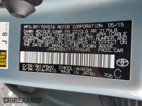 2015 Toyota Prius Four with VIN JTDKN3DU1F1959645, listed as a Copart auction lot 55931955 with 64,932 mi miles and Salvage Title. Bid and sale history available at DreamBid. Image 12.