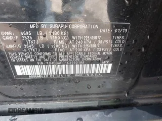 2019 Subaru Outback Premium with VIN 4S4BSAFC1K3290188, listed as a IAAI auction lot 41904875 with 65,137 mi miles. Bid and sale history available at carsss.com. Image 9.