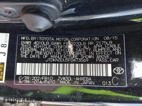 2015 Toyota Prius Four with VIN JTDKN3DU5F0473569, listed as a IAAI auction lot 41842759 with 298,511 mi miles. Bid and sale history available at carsss.com. Image 9.