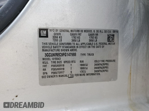 2015 Chevrolet Silverado 1500 LT with VIN 3GCUKREC9FG147988, listed as a Copart auction lot 53784635 with 218,260 mi miles and Salvage Title. Bid and sale history available at DreamBid. Image 12.
