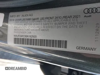 2016 Audi S6 Premium Plus with VIN WAUF2AFC3GN162503, listed as a IAAI auction lot 41451887 with 91,879 mi miles. Bid and sale history available at carsss.com. Image 9.