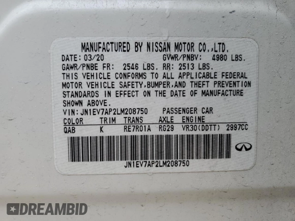 2020 Infiniti Q50 3.0t SPORT with VIN JN1EV7AP2LM208750, listed as a Copart auction lot 42870665 with 61,789 mi miles and Salvage Title. Bid and sale history available at carsss.com. Image 15.
