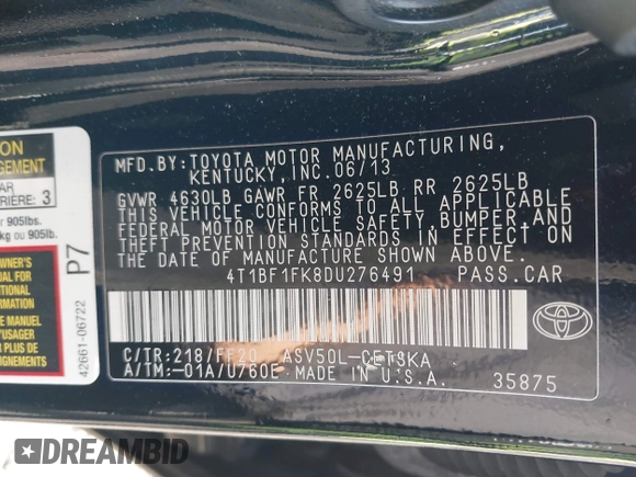 2013 Toyota Camry L with VIN 4T1BF1FK8DU276491, listed as a IAAI auction lot 41857992 with 119,143 mi miles. Bid and sale history available at carsss.com. Image 9.
