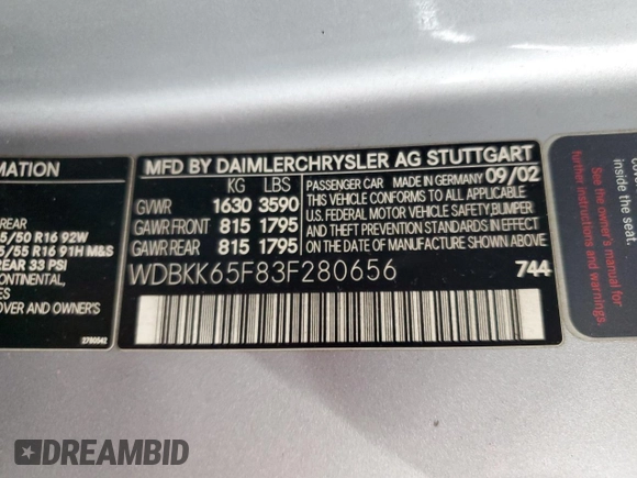 2003 Mercedes-Benz SLK 320 with VIN WDBKK65F83F280656, listed as a Copart auction lot 79158954 with 99,413 mi miles and Salvage title. Bid and sale history available at DreamBid. Image 12.