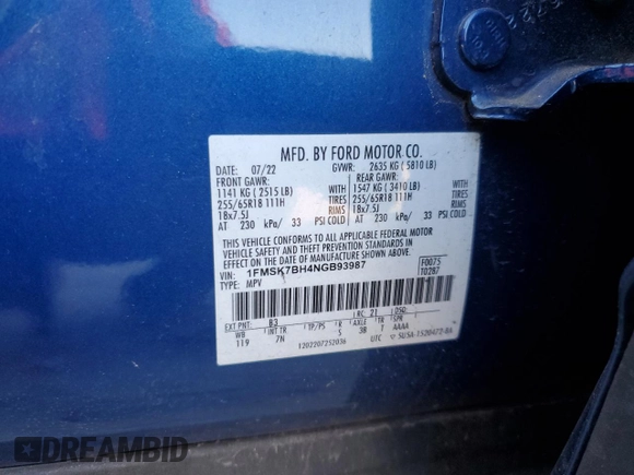 2022 Ford Explorer z VIN 1FMSK7BH4NGB93987, wystawiony jako Copart lot #46598345 z przebiegiem 85 281 mil mil oraz Szkoda całkowita • Salvage title. Historia ofert i sprzedaży dostępna na DreamBid. Obrazek 14.