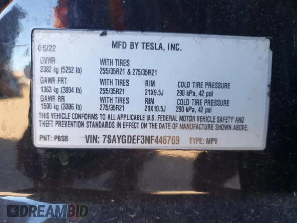 2022 Tesla Model Y Performance with VIN 7SAYGDEF3NF446769, listed as a Copart auction lot 83702074 with 32,895 mi miles and Salvage title. Bid and sale history available at DreamBid. Image 14.