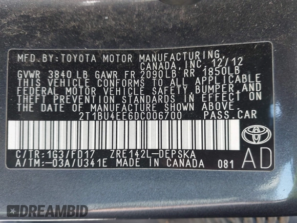 2013 Toyota Corolla L with VIN 2T1BU4EE6DC006700, listed as a IAAI auction lot 41953469 with 1 mi miles. Bid and sale history available at carsss.com. Image 9.