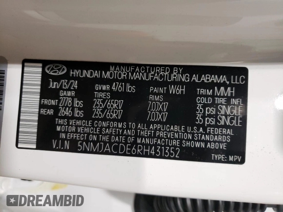 2024 Hyundai Tucson SE with VIN 5NMJACDE6RH431352, listed as a Copart auction lot 87095674 with 4,305 mi miles and Salvage Title. Bid and sale history available at carsss.com. Image 13.
