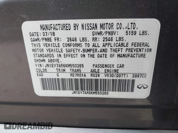 2019 Infiniti Q50 Luxe with VIN JN1EV7AR6KM550265, listed as a IAAI auction lot 42171598 with 56,612 mi miles and . Bid and sale history available at DreamBid. Image 9.