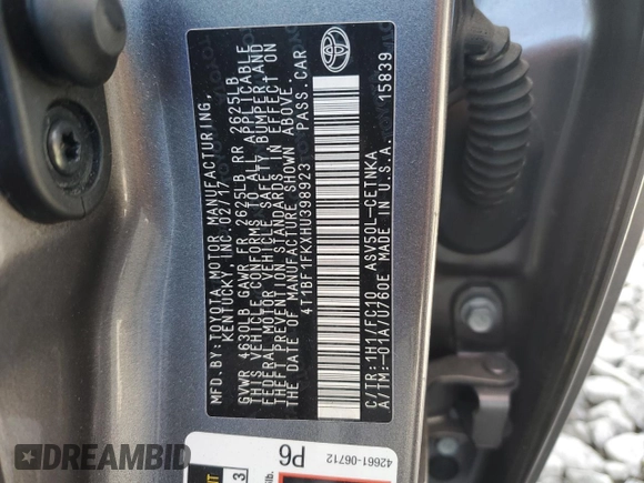 2017 Toyota Camry XLE with VIN 4T1BF1FKXHU398923, listed as a Copart auction lot 41538525 with 96,474 mi miles and Salvage Title. Bid and sale history available at carsss.com. Image 14.