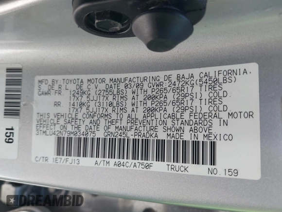 2009 Toyota Tacoma with VIN 3TMLU42N79M034075, listed as a IAAI auction lot 41954016 with 82,399 mi miles and . Bid and sale history available at DreamBid. Image 9.