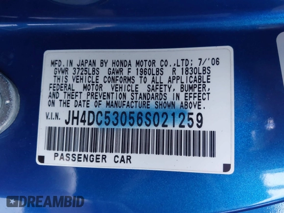 2006 Acura RSX Type-S Leather with VIN JH4DC53056S021259, listed as a IAAI auction lot 41841225 with 167,329 mi miles. Bid and sale history available at carsss.com. Image 9.