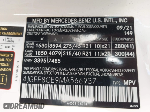 2021 Mercedes-Benz GLS 580 with VIN 4JGFF8GE9MA566937, listed as a IAAI auction lot 41823174 with 61,404 mi miles and . Bid and sale history available at DreamBid. Image 9.