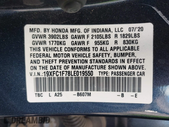 2020 Honda Civic EX-L with VIN 19XFC1F78LE019550, listed as a IAAI auction lot 41517951 with 27,788 mi miles and . Bid and sale history available at DreamBid. Image 9.